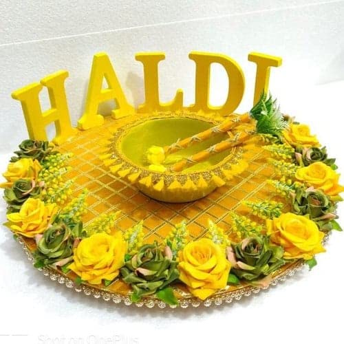 Yellow Round Haldi Tray with Roses & Decorative Rods
