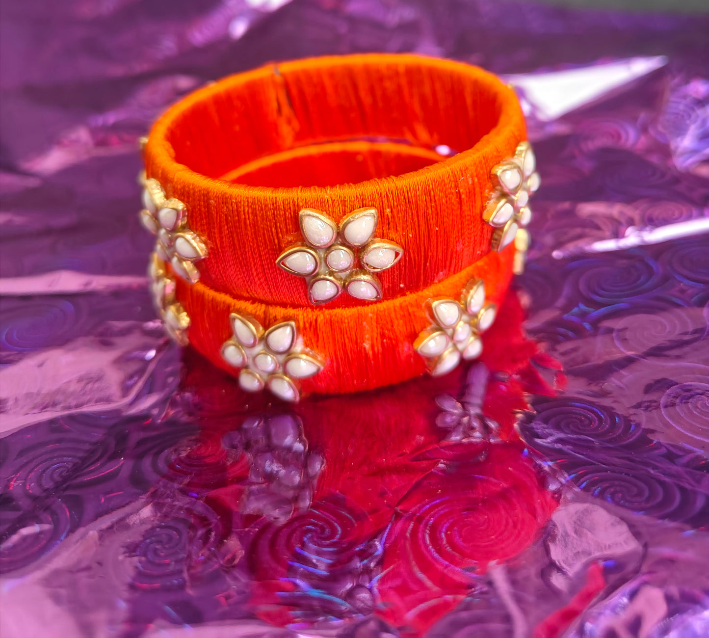 Orange Silk Thread Handmade Bangles with Pearl Floral Motifs