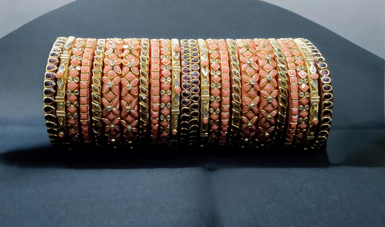 Grand Kundan-Embellished Silk Thread Bangle Set – Coral & Gold Tone