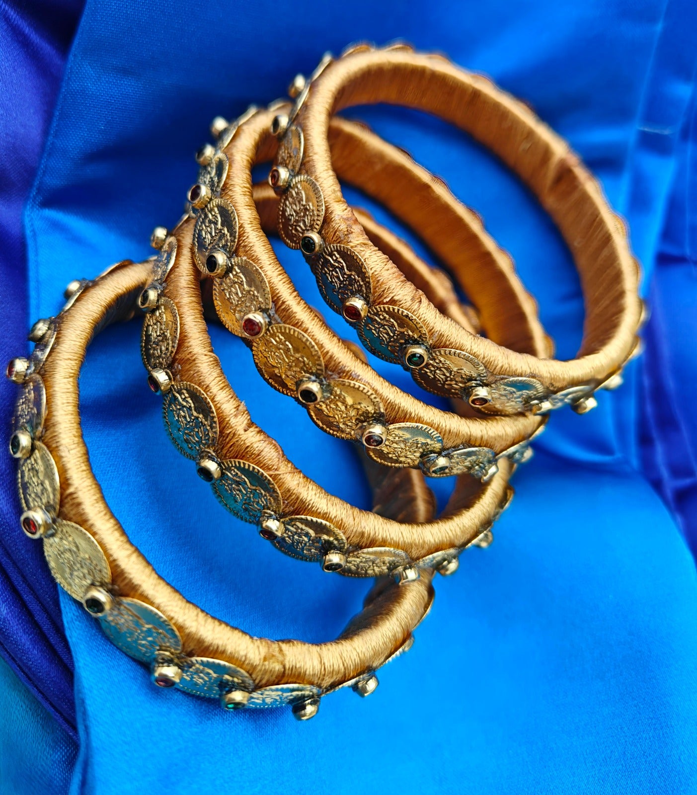 Goddess Lakshmi Gold Coin Silk Thread Bangles – Set of 4