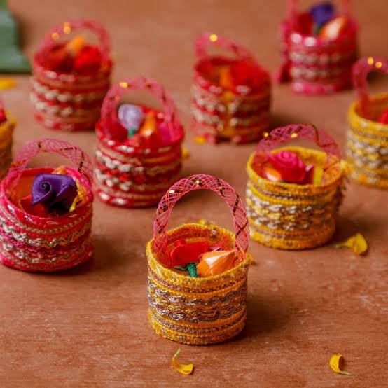 Traditional Lace-Wrapped Pasupu Kumkuma Mini Baskets (Pack of 10)