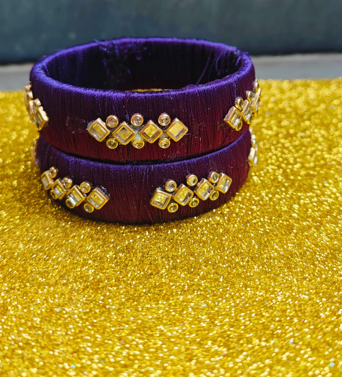 Purple Silk Thread Handmade Bangles with Kundan Embellishments