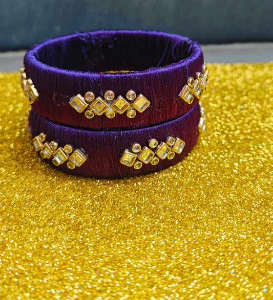 Purple Silk Thread Handmade Bangles with Kundan Embellishments
