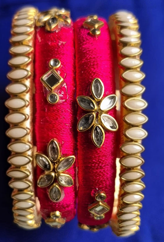 Graceful Pink Silk Thread Kundan Bangle Set with Floral Motifs
