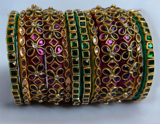 Royal  Kundan Silk Thread Bangle Set – Green & Magenta