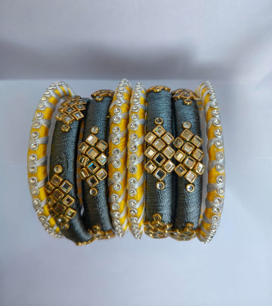 Elegant Yellow & Grey Silk Thread Kundan Bangle Set
