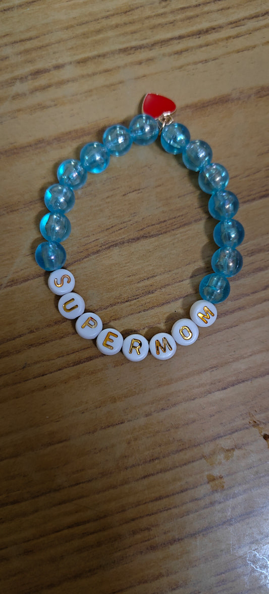 "Supermom" Beaded Bracelet – Blue Crystal Beads with Heart Charm