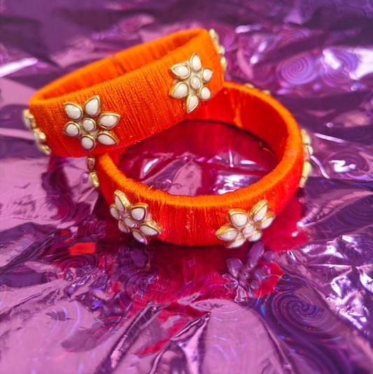 Orange Silk Thread Handmade Bangles with Pearl Floral Motifs