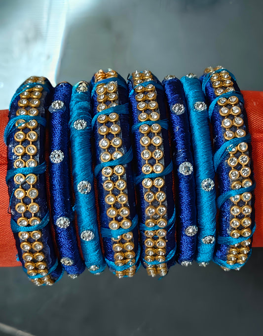 Royal Blue and Turquoise Thread Bangles with Stone Embellishments