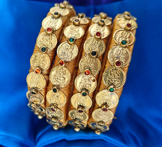 Traditional Silk Thread Bangles with Goddess Lakshmi Kundans – Set of 4