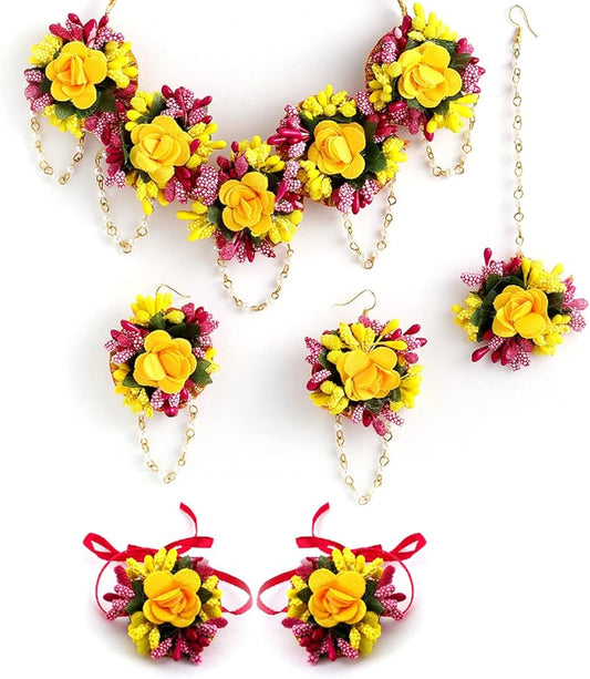 Floral Haldi & Mehndi Jewellery Set - Yellow & Magenta with Beads