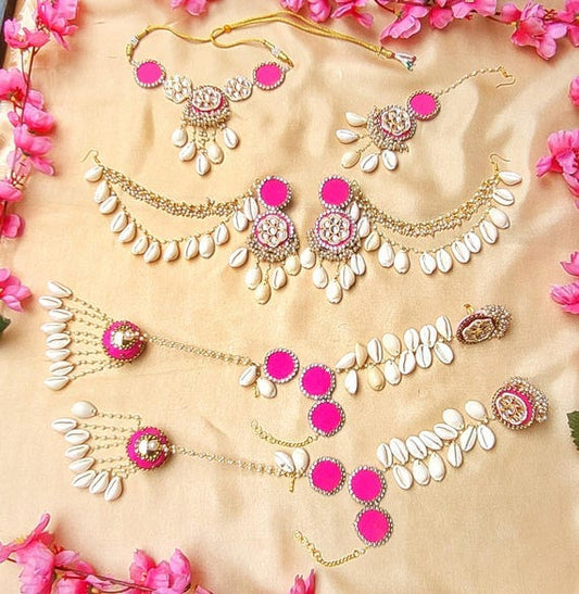 Traditional Indian Bridal Floral Jewelry Set in Hot Pink and White