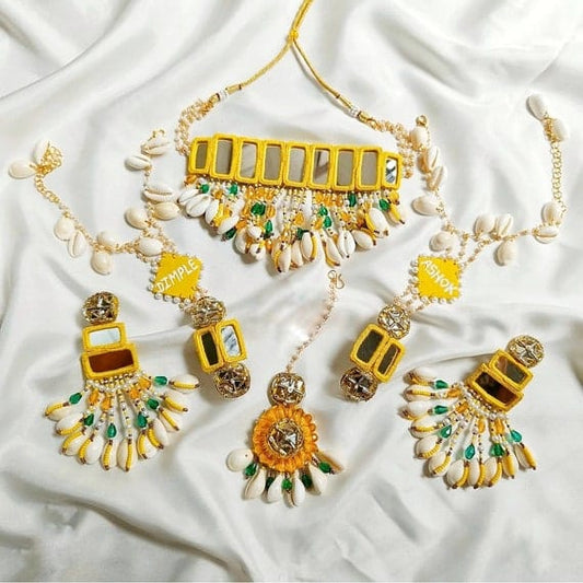 Contemporary Haldi Mirror and Cowrie Shell Jewelry Set in Yellow and Green