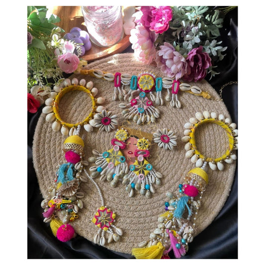 Vibrant Multicolor Haldi Floral Jewelry Set with Cowrie Shells and Tassels