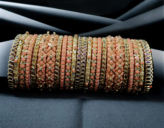 Grand Kundan-Embellished Silk Thread Bangle Set – Coral & Gold Tone