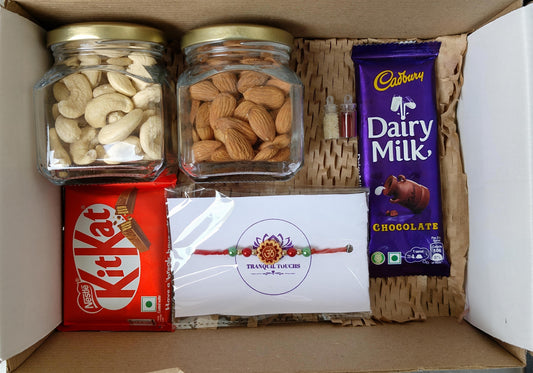 Raksha Bandhan Dry Fruits & Chocolate Hamper with Traditional Rakhi & Roli Chawal
