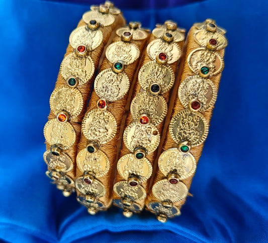 Goddess Lakshmi Gold Coin Silk Thread Bangles – Set of 4