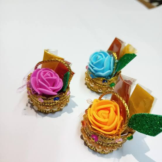 Fancy Mini Pasupu Kumkuma Baskets with Foam Roses (Pack of 10)